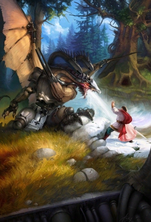 Картины Анри. Герой сражается с драконом.