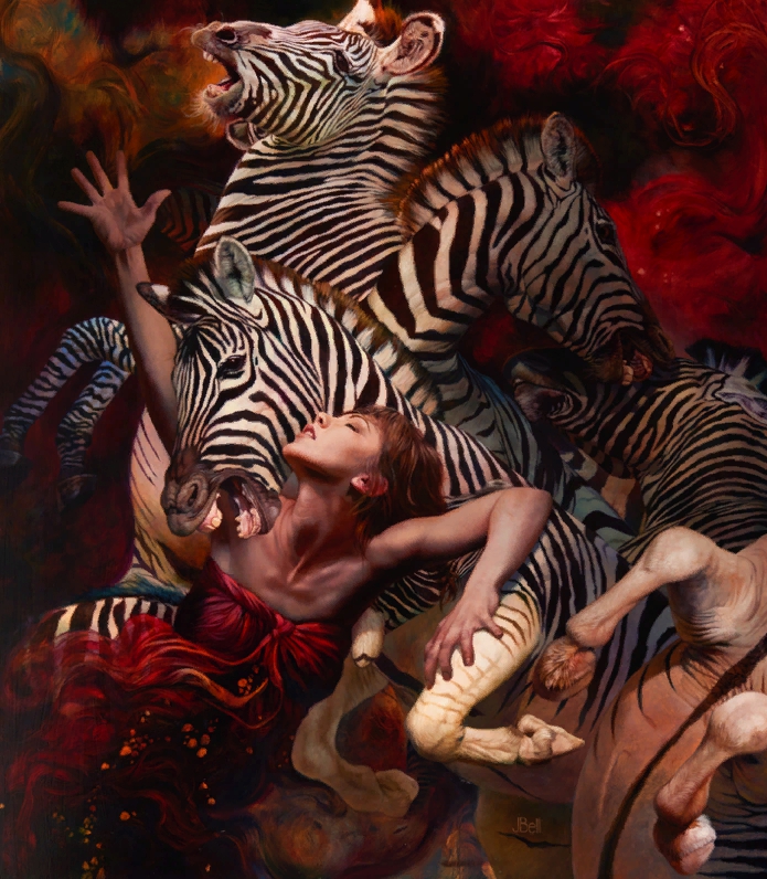 Картины Julie Bell. Девушка и зебры.