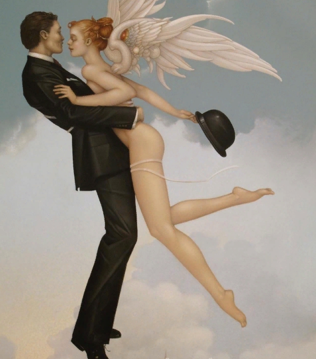 Картины Michael Parkes. Мужчина обнимает ангела-девушку.