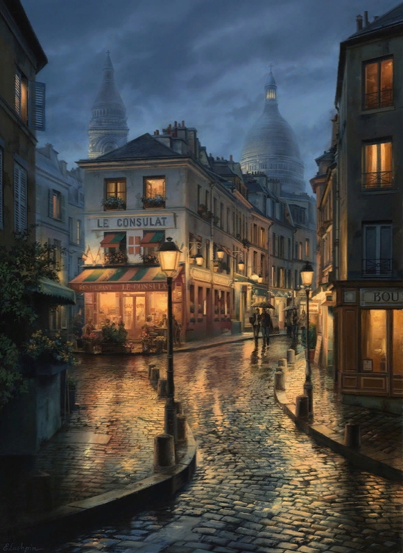 Сумерки в городе. Картины художника Евгения Лушпина. Холодная мокрая улица.