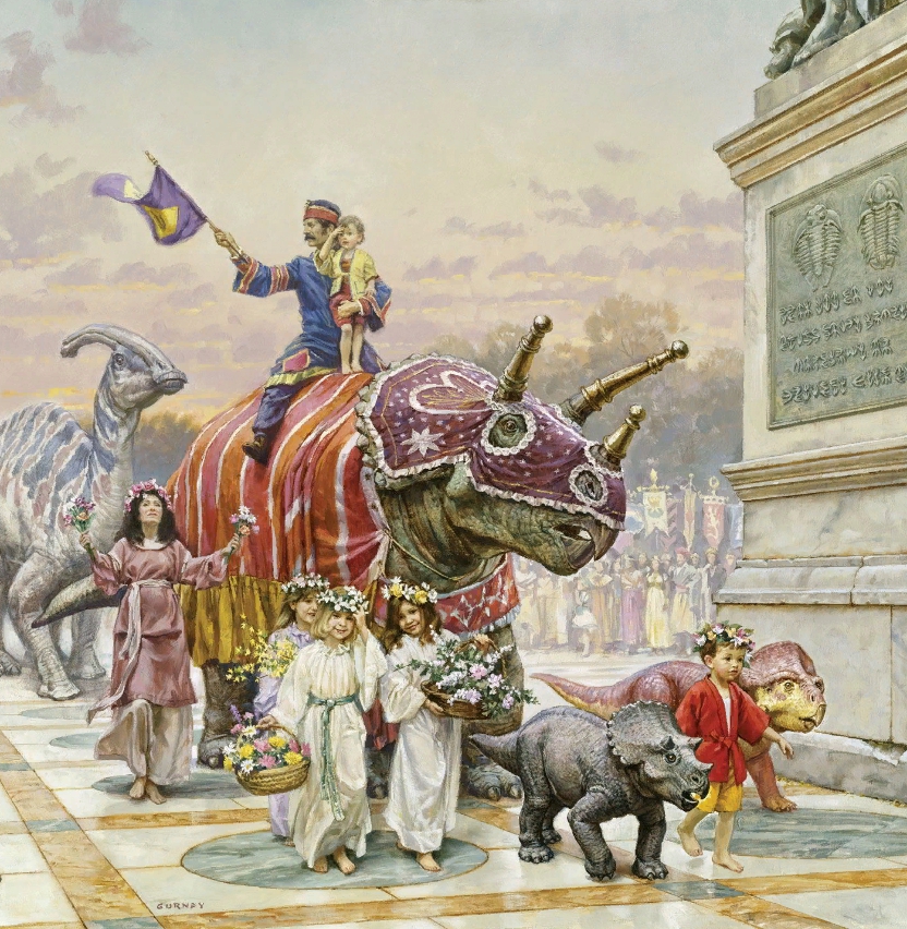 Художник-иллюстратор Джеймс Гарни. Мир динотопии. Фэнтези. Динозавры и люди идут вместе на празднике.