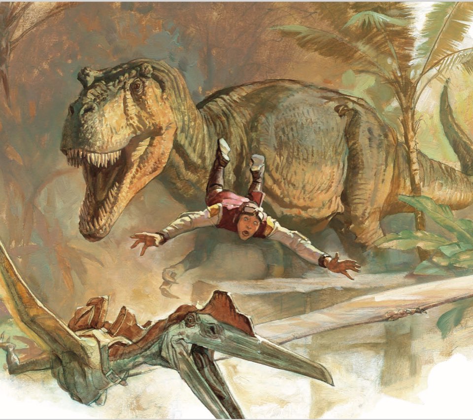 James Gurney. Мир динотопии. Фэнтези. Человек в полете на фоне динозавров.