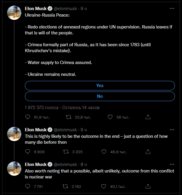 Илон Маск написал в Твиттере об Украине